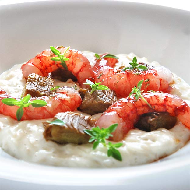 Risotto med rejer og aubergine